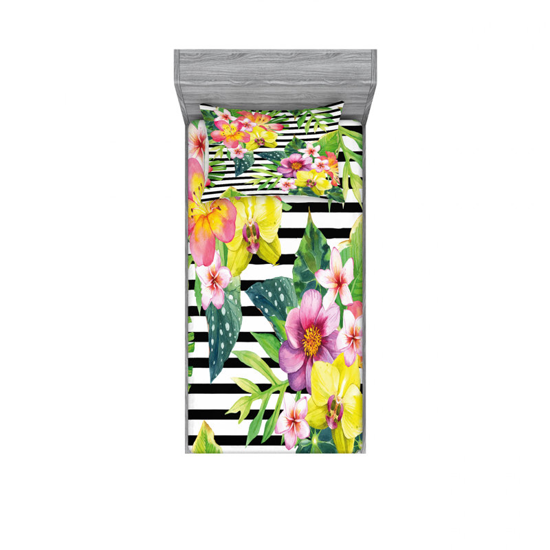 Microfiber Floral Sheet Set, Twin Sheet Set with Fitted Sheet, Traditional Kimono Floral