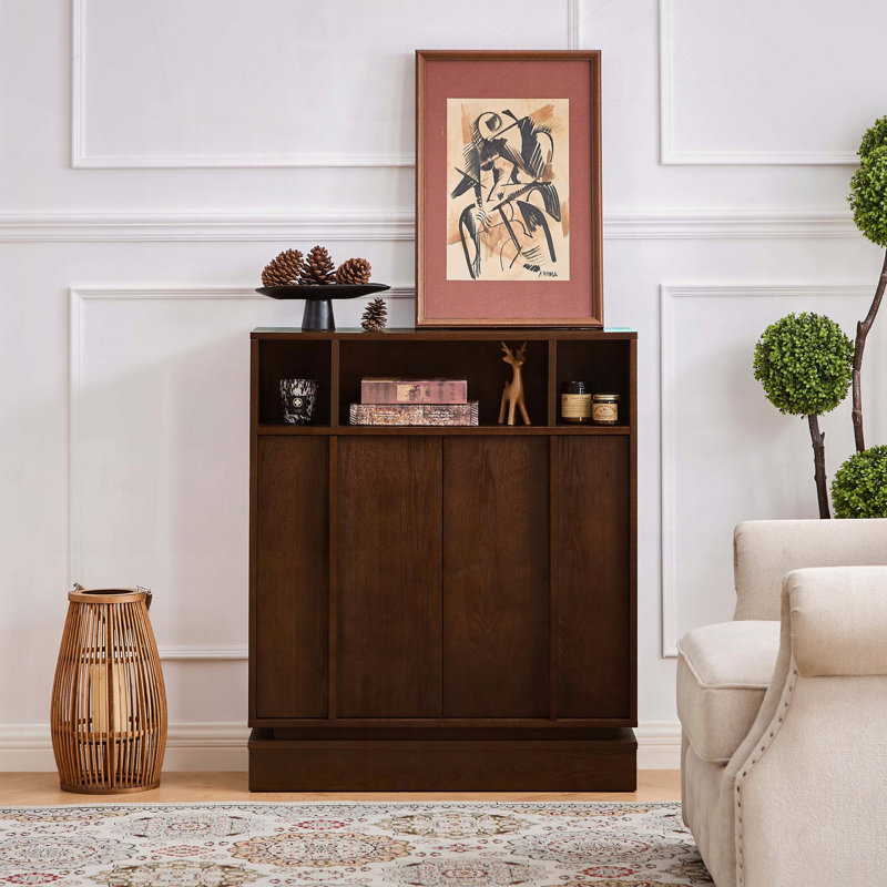Farmhouse Fluted Sideboard with Outlet Hole and Adjustable Shelves, Walnut