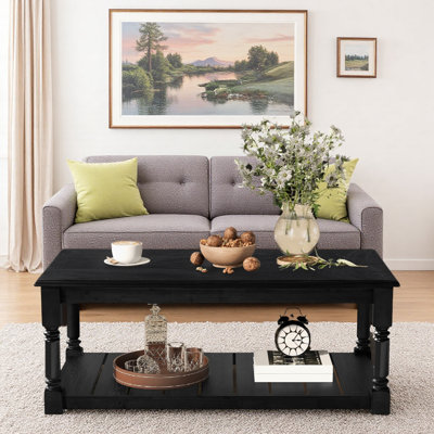 45.3''Farmhouse Wooden Coffee Table with Open Lower Shelf and Classic Turned Legs