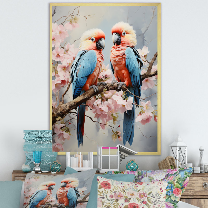 Perroquets tropicaux chuchotés sur toile, Black Floater Framed, 32" H x 16" W