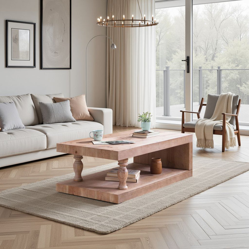 47" Rustic Farmhouse Coffee Table - Solid Wood Table with Storage Shelf (Modern Rustic Living Room Centerpiece)