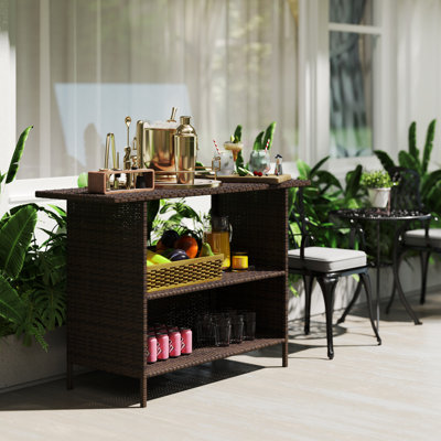 Wicker Outdoor Bar Table, Bar Height Patio Table w/ Shelves, Brown