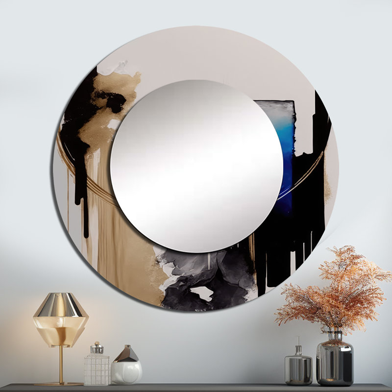 Stefka Blue Minimalist Abstract II - Minimalism Large Wall Mirror, Modern Round Decorative Mirror, Printed Metal Art