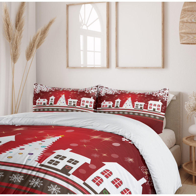 Red and White Christmas Village Microfiber Duvet Cover Set