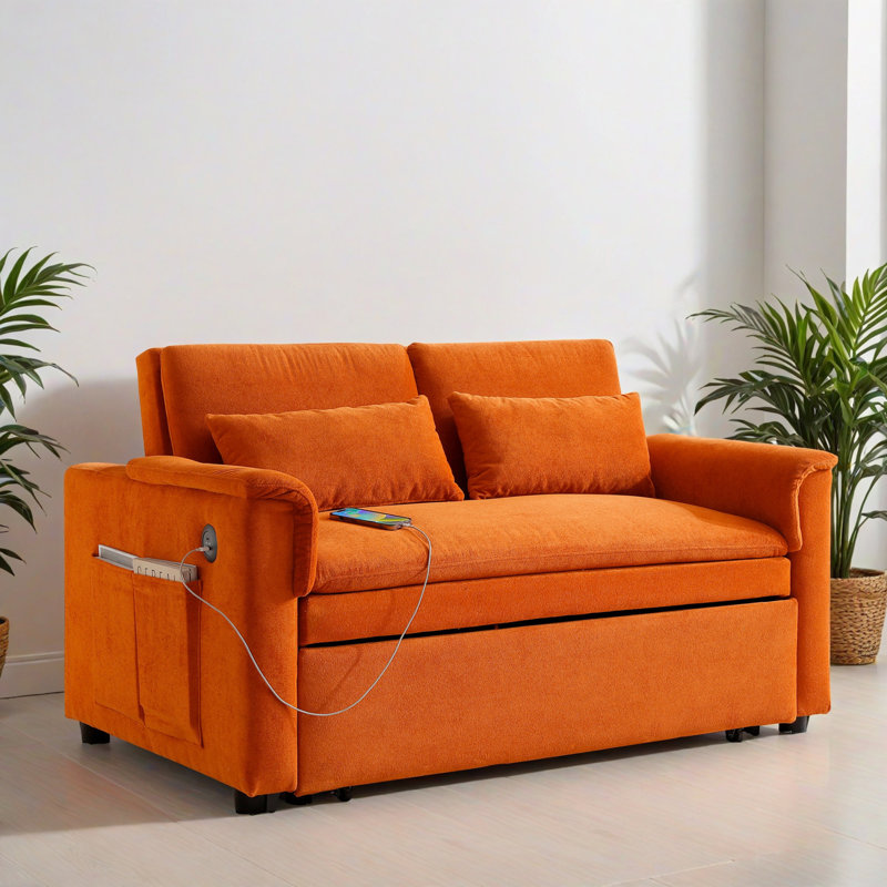 Canapé-lit escamotable 55,02 po, canapé-lit convertible 3-en-1 pour le salon, Orange