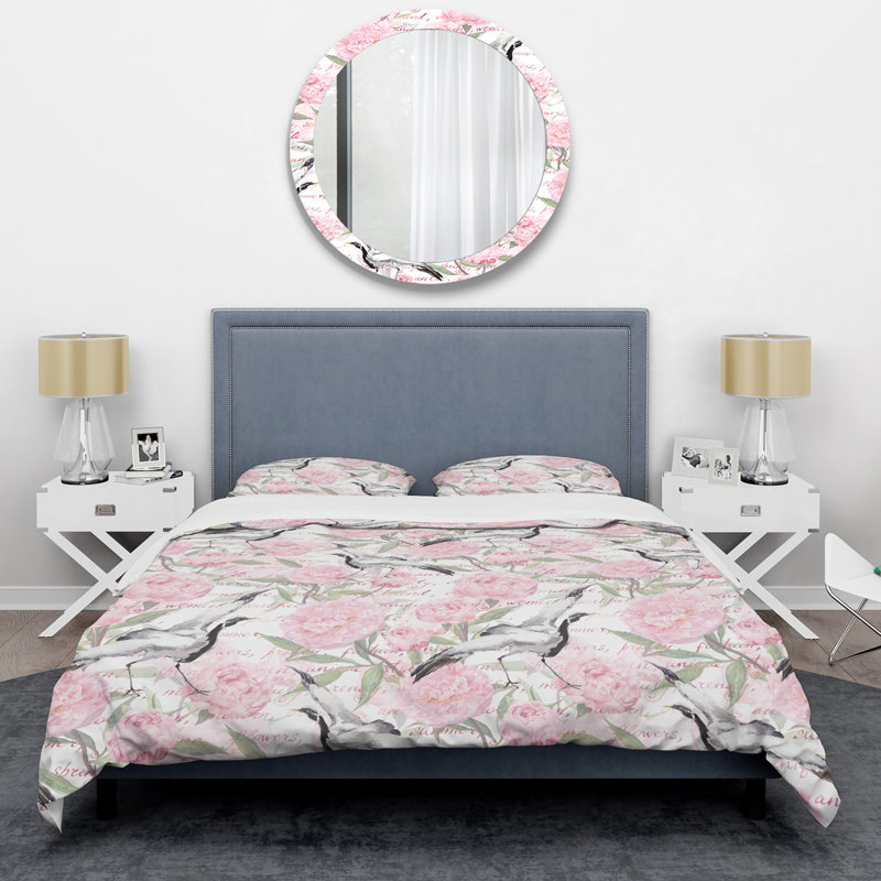 Ensemble de housse de couette Crane Birds and Pink Flowers - Animals - Microfibre polyester