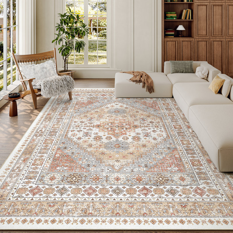 Malaika Machine-Washable Non-Slip Medallion Area Rug, Orange, Rectangle 5' x 8'