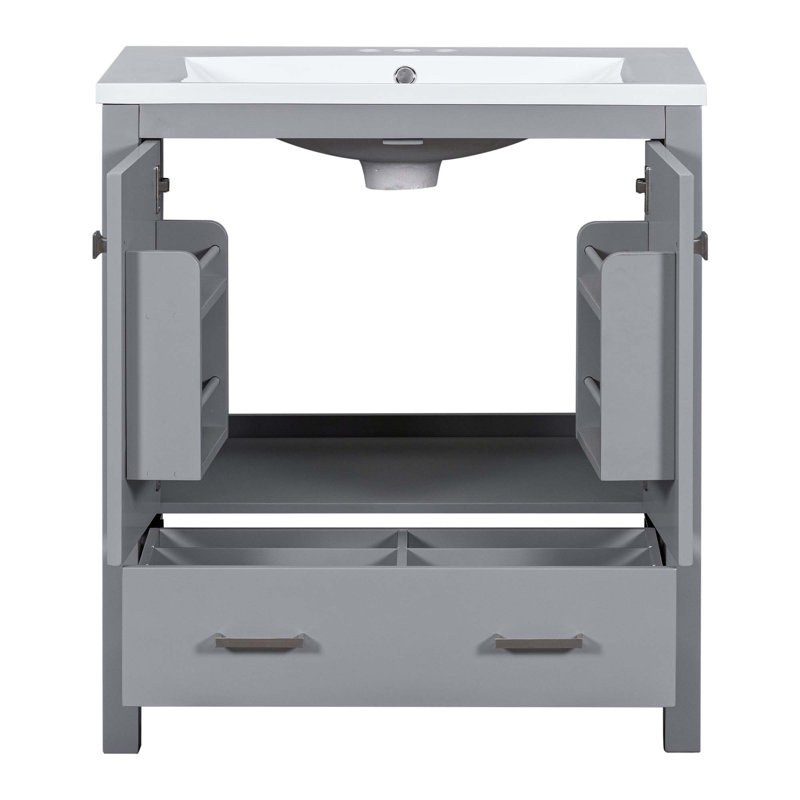 Meuble-lavabo de salle de bain avec lavabo simple, 2 portes à fermeture douce et un tiroir, Gris