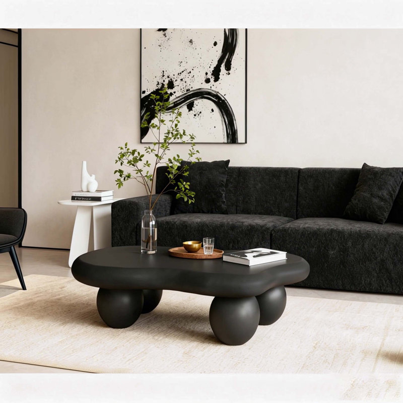 Table basse de 40 pouces en forme de nuage avec 3 pieds sphériques pour le salon, noir, Noir, Noir