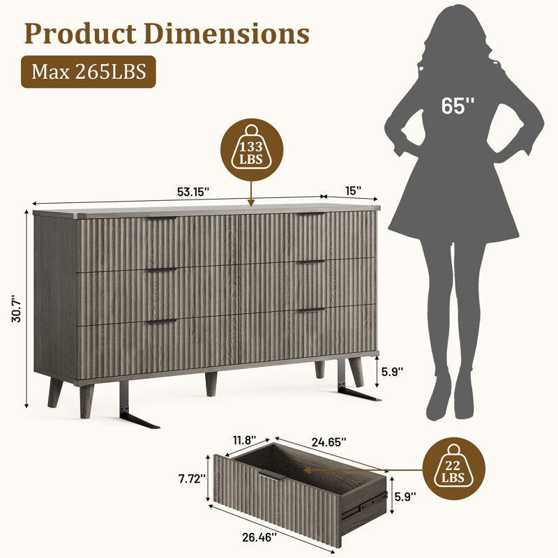 6-Drawer Dresser With Wave-Fluted Panels, Modern Boho Storage Cabinet With Solid Frame And Metal Handles, Versatile Organizer For Bedroom, Living Room, Entryway, Hallway & Closet