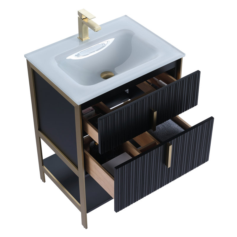 Meuble-lavabo moderne avec plateau en verre blanc Fine Fixtures Serenity, Noir mat / laiton, 24"