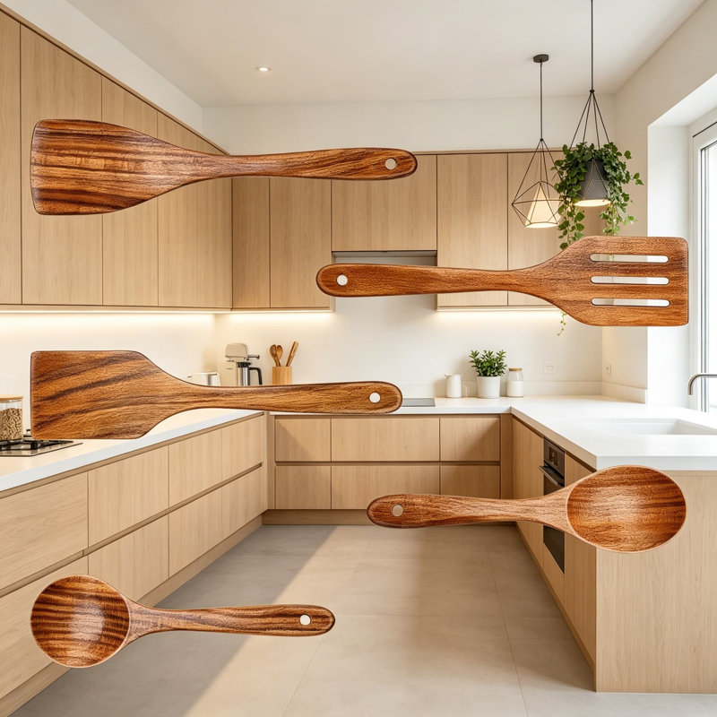 Ensemble d'ustensiles en bois d'acacia 5 pièces anti-rayures cuillères de cuisine et spatules pour cuisiner, mélanger, servir avec une batterie de cuisine antiadhésive
