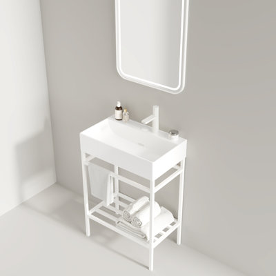 Meuble-lavabo autoportant Temperley de 24 po avec lavabo en céramique blanc brillant, pieds en métal ouverts, tablettes de rangement, finition blanche, robinet non inclus