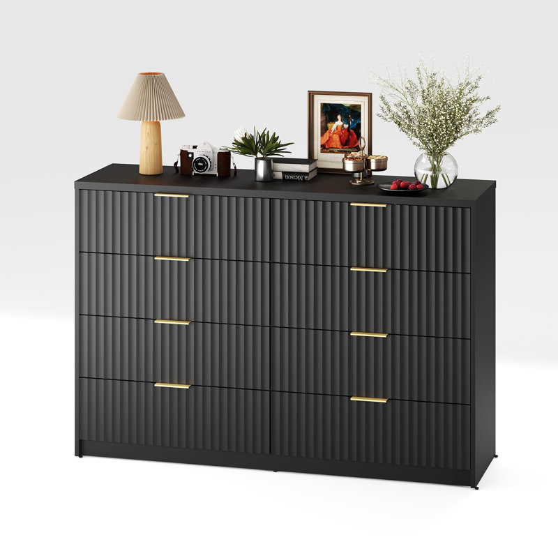 8 Drawer Fluted Double Dresser with Metal Handles, Modern Wood Storage Chest for Bedroom Entryway, Black