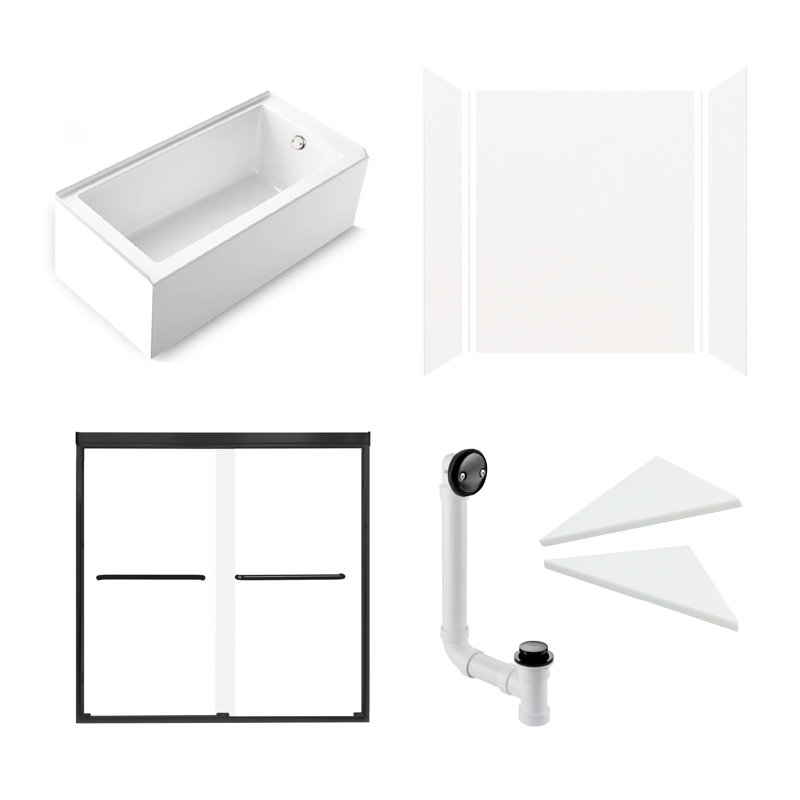 Ensemble de douche / baignoire 6 pièces avec porte et accessoires 60 po x 36 po x 92 po Transolor, blanc / noir mat, Oui