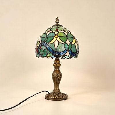 Tiffany Style Stained Glass Table Lamp, Green Blue Floral Wave Shade, Vintage Bronze Resin Base, Decorative Desk Lamp for Bedroom Living Room