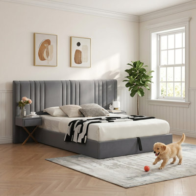 Wide Velvet Upholstered Gas Lift Storage Bed with Integrated Nightstands