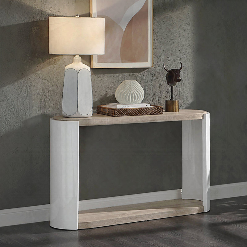 Table de canapé chêne et blanc ultrabrillant avec tablette inférieure