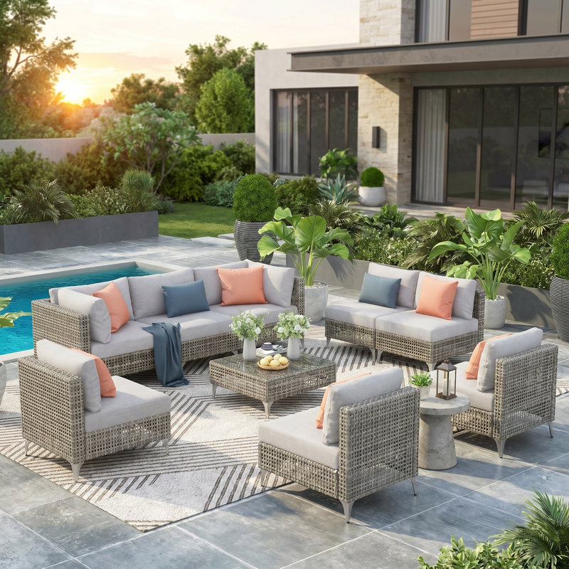 Ensemble modulaire d'extérieur 7 pièces avec table en verre trempé et coussins gris épais Boho, Gris