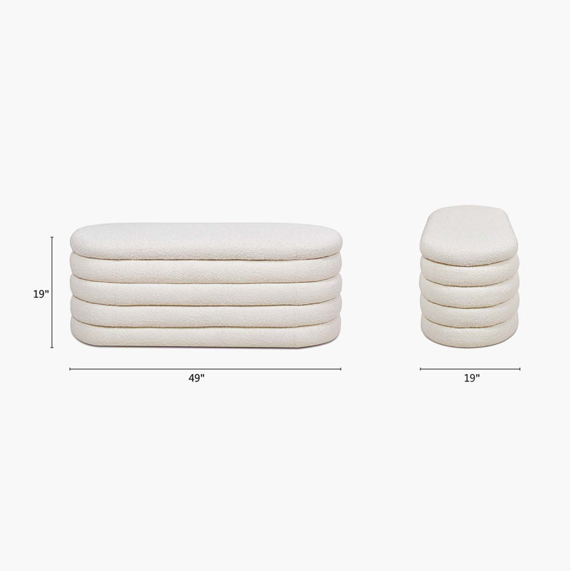 Ivory White Boucle 49" Upholstered Oval Storage Bench with Horizontal Tufting