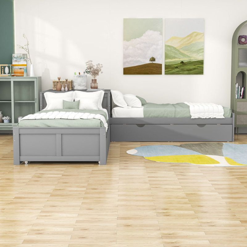 Lit plateforme simple en L avec lit gigogne et tiroirs Divyanshi, gris