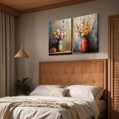2 pièces encadrées peinture sur toile fleurs sauvages rétro papillon floral décoration murale pour le salon chambre studio couloir campagne style affiche d'art prêt à accrocher 12 x 16 pouces