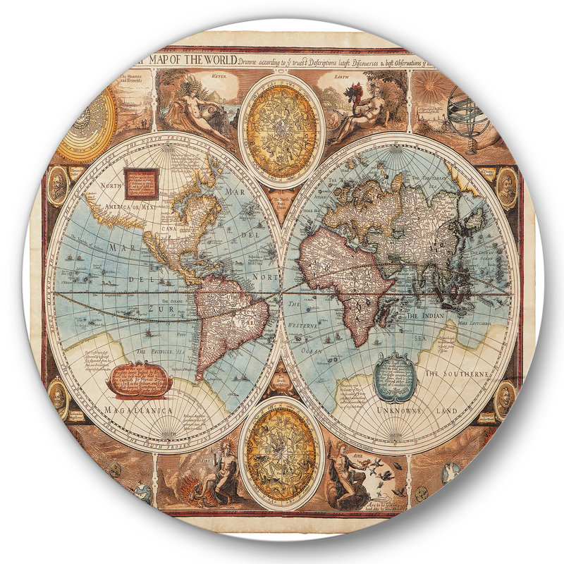 Ancienne carte du monde, art mural rétro, H 29 po x l 29 po x P 1 po
