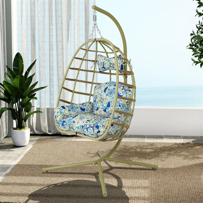 Fauteuil à œufs avec support Chaise de balançoire suspendue en rotin PE pour l'intérieur et l'extérieur avec coussin à double corde robuste lavable Capacité de 350 lb pour le patio