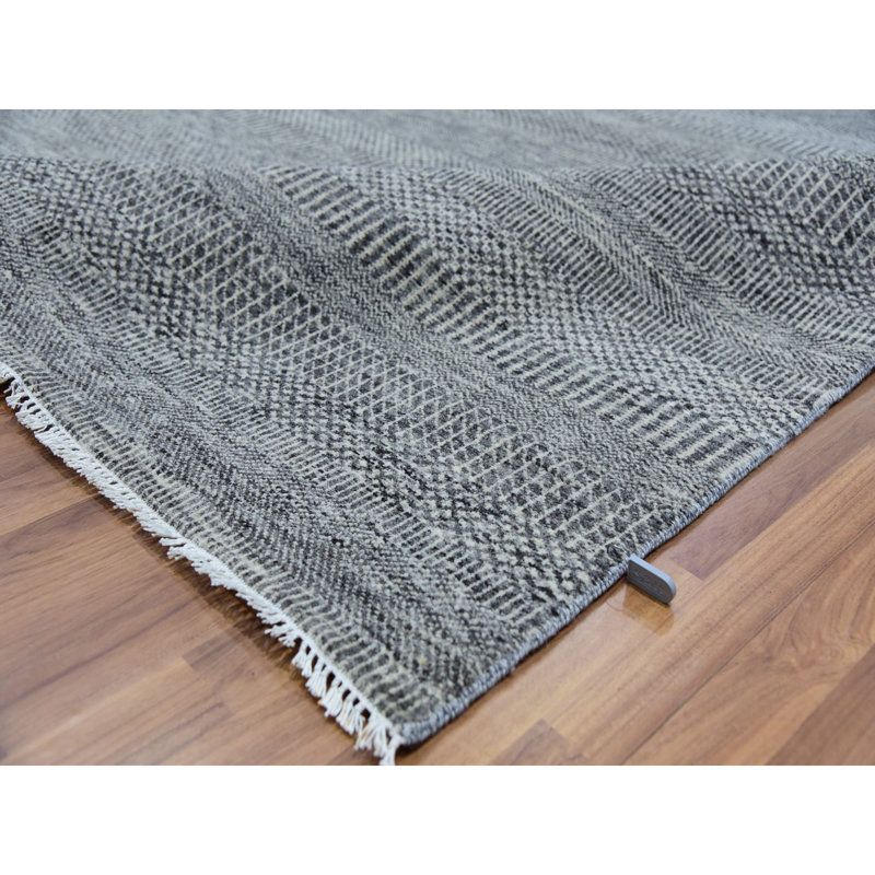 Tapis gris en laine nouée à la main 6 pi 1 po x 9 pi 1 po D7D9271540DA47DB9C0B039E23B061DC