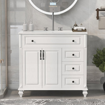 Meuble-lavabo élégant avec tiroir rabattable, 3 tiroirs et 2 portes, poignées en métal, rangement en panneau de fibres à densité moyenne moderne