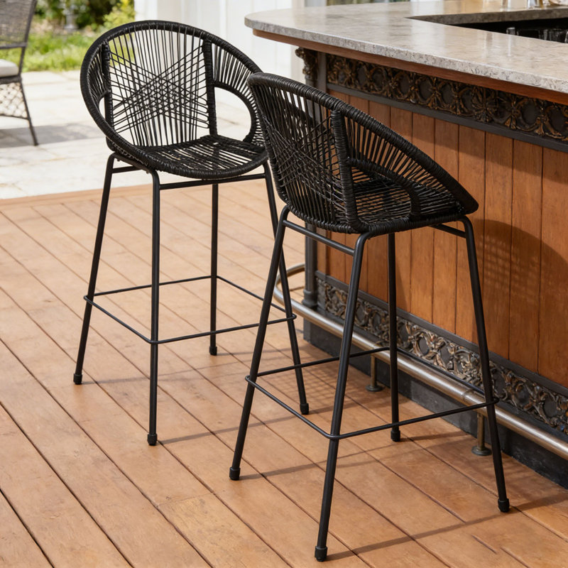 Outdoor Patio Black Faux Wicker Barstool Set, Black