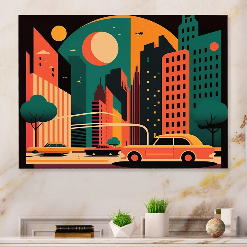 Futuriste paysage urbain I - reproduction sur toile, H 30 po x l 40 po x P 1,5 po, Toile tendue