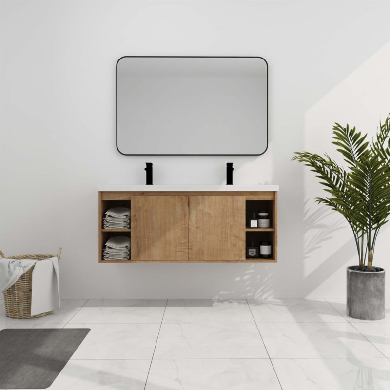 Meuble-lavabo mural de 48 po avec lavabo double et charnières de porte à fermeture douce, parfait pour les salles de bain modernes et spacieuses.