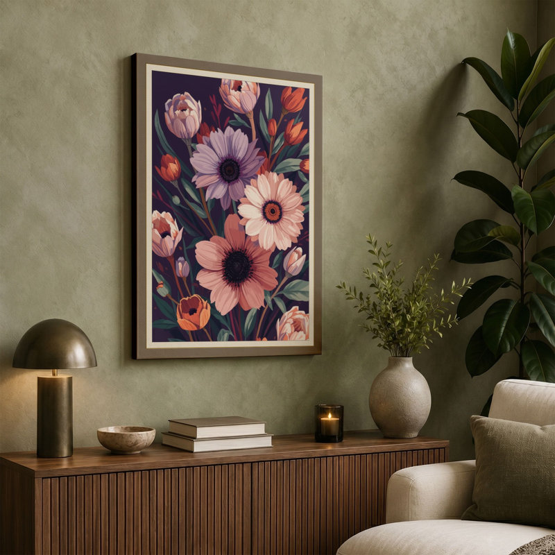 Coral Blooms in Darkness Botanical - Wrapped Canvas, 30x20 - 76.2 x 50.8 cm, Teal Border