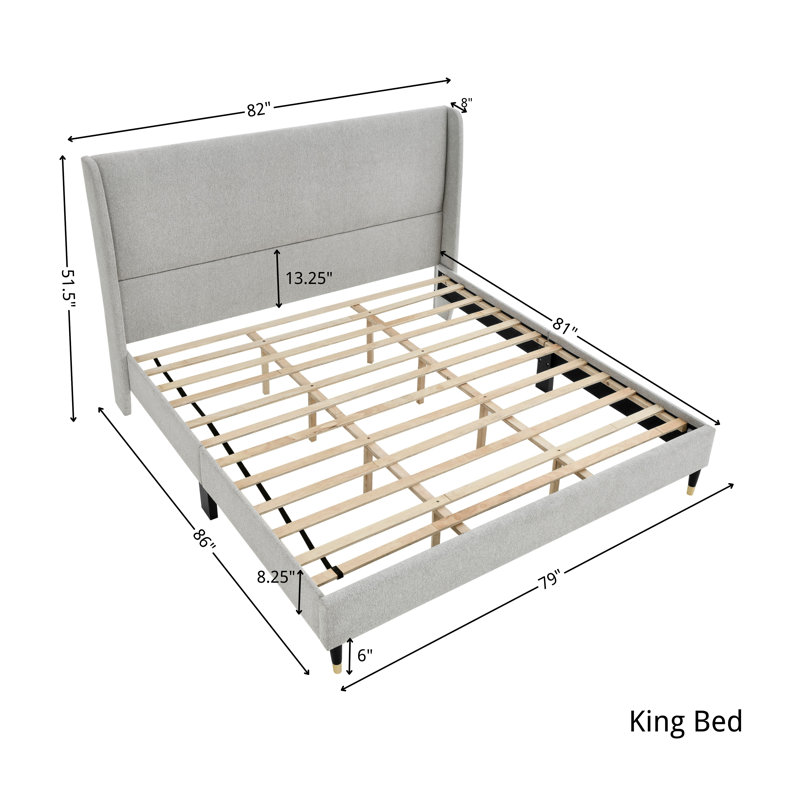 Rozitta Upholstered Wingback Bed, King, Light Gray Polyester