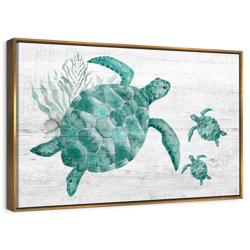 Famille de tortues en bois, 46 po x 31 po, Cadre flottant doré