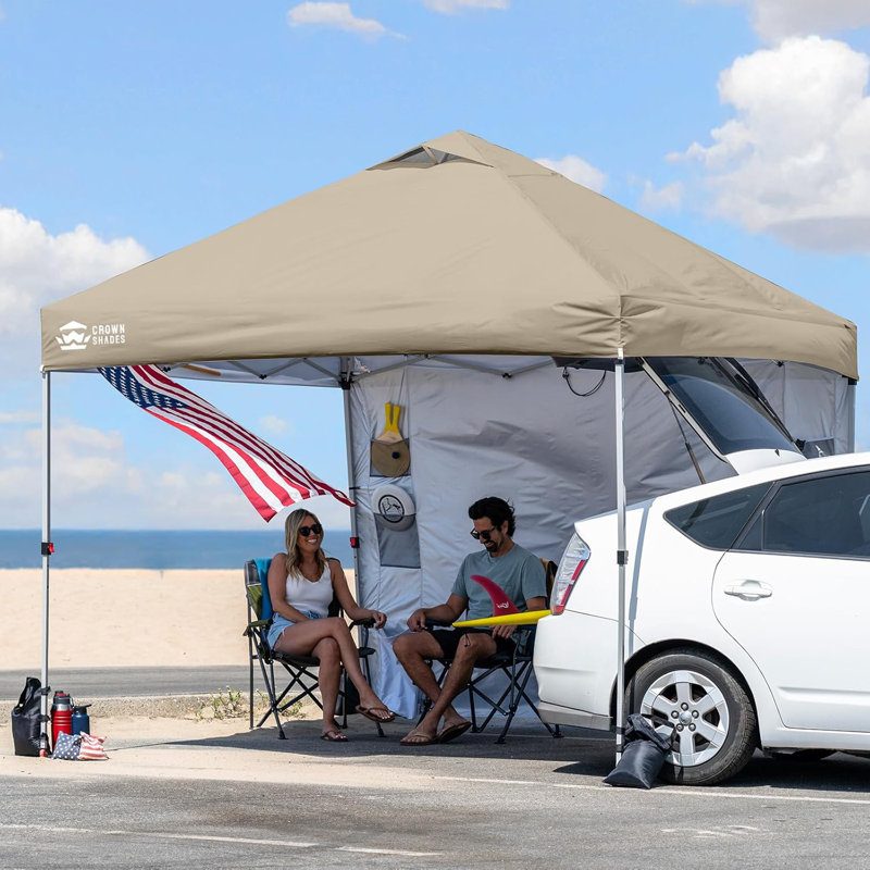 CROWN SHADES 10 Ft. W x 10 Ft. D Steel Pop-Up Canopy with Center Lock, Storage Pocket Sidewall, and Carry Bag, Beige, Beige