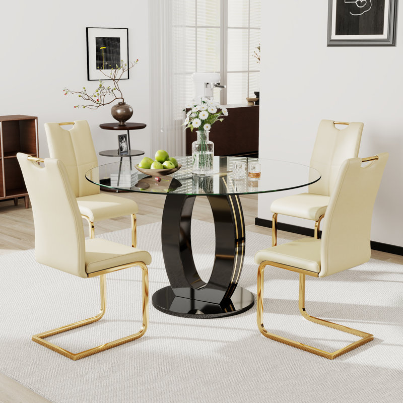 Ensemble de table de salle à manger haute brillance pour 4 à 6 personnes, 5, Jaune, or, Noir