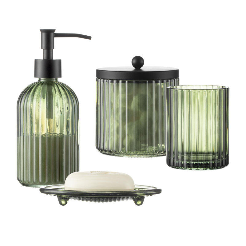 4Pcs Heavy Weight Decent Glass Bathroom Accessories Set With Decorative Pressed Pattern - Includes Soap Dispenser, Lidded Cotton Jar, Tumbler And Soap Dish(Olive Green)