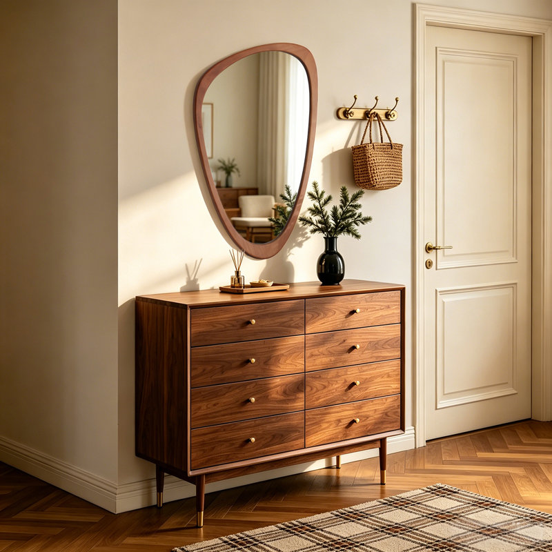 Cotesfield Solid Wood Asymmetrical Accent Mirror, 36" x 23", Walnut