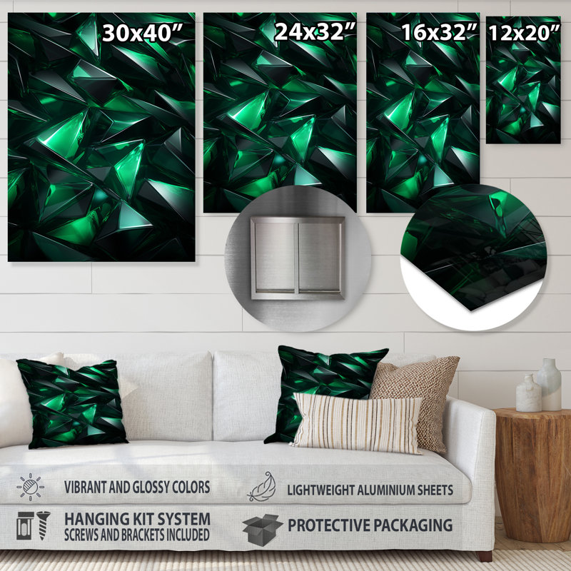 Fractale verte géométrique I - art mural géométrique en métal, H 32 po x l 24 po x P 1 po