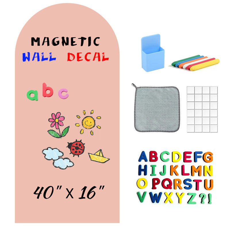 Ensemble de décalcomanies magnétiques pour tableau noir, autocollant de tableau noir arqué 40 po x 16 po avec ensemble de lettres de l'alphabet, craies, gomme à effacer, support, panneau amovible en PP rose