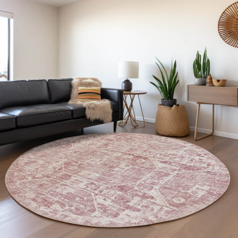 Premium Machine Washable Kelsa AMF41 Pink Rug, Round 8'