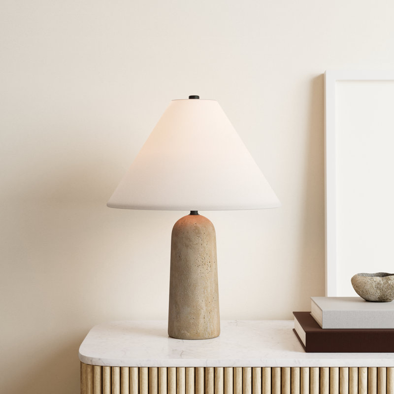 Small White Travertine Table Lamp with Linen Shade