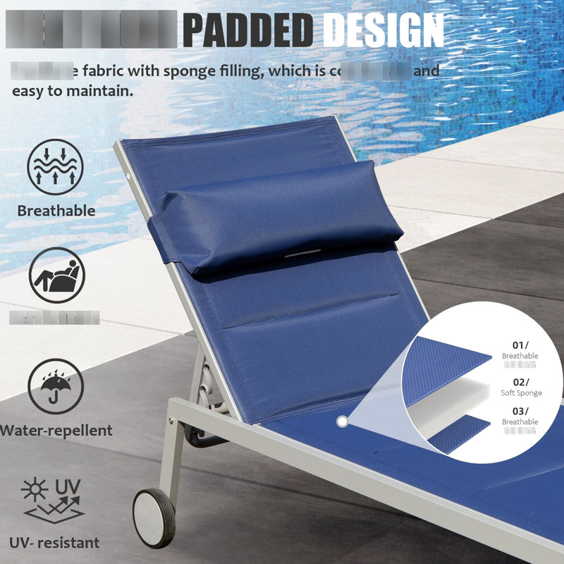 3 chaises longues d'extérieur: chaises de piscine en aluminium avec coussin et table d'appoint. Bleu marine, 5 positions d'inclinaison réglables. Respirant, -. Confortable. Pour la cour, le balcon, le salon de plage: rembourrage inclinable.