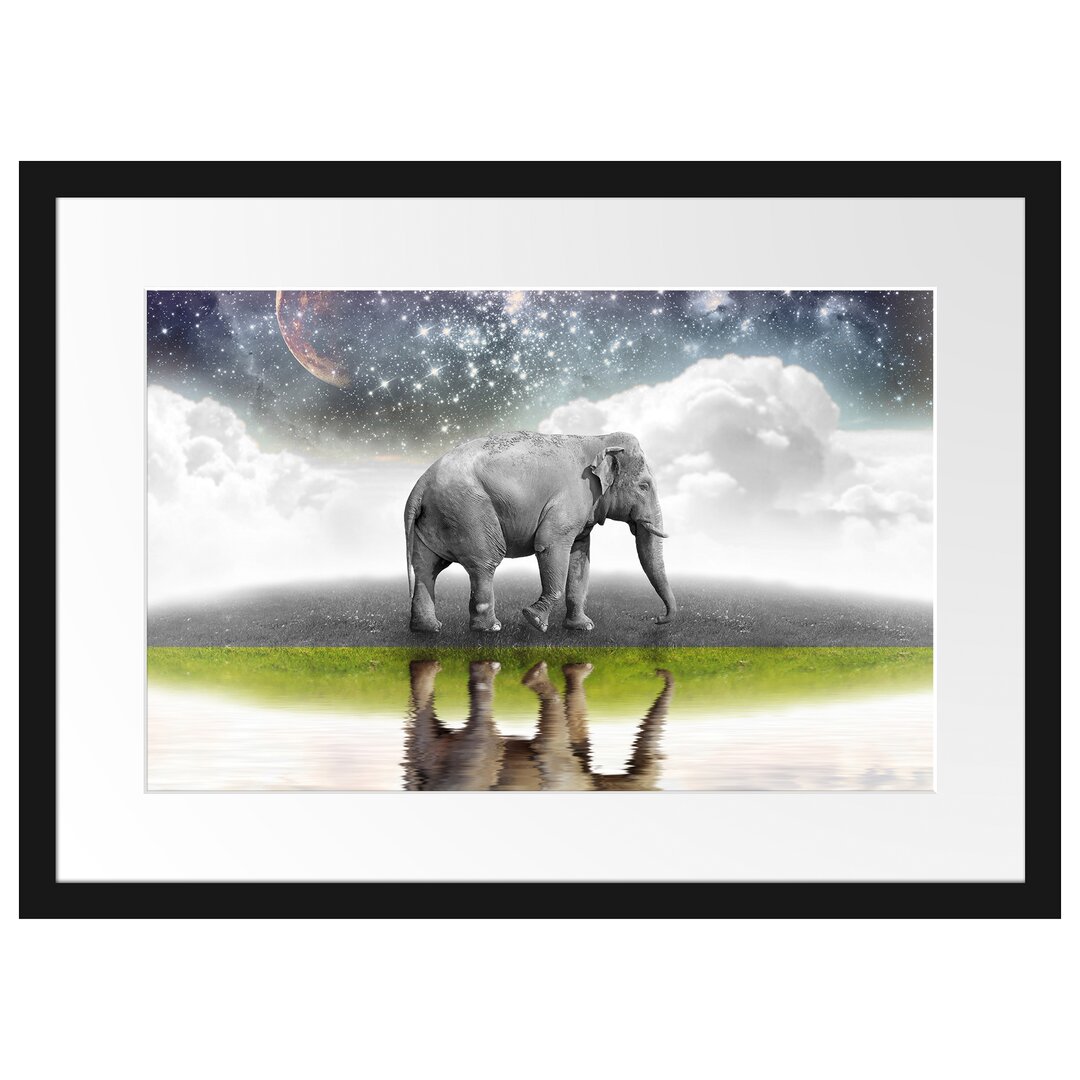 Gerahmtes Poster Traumhafter Elefant auf Wiese