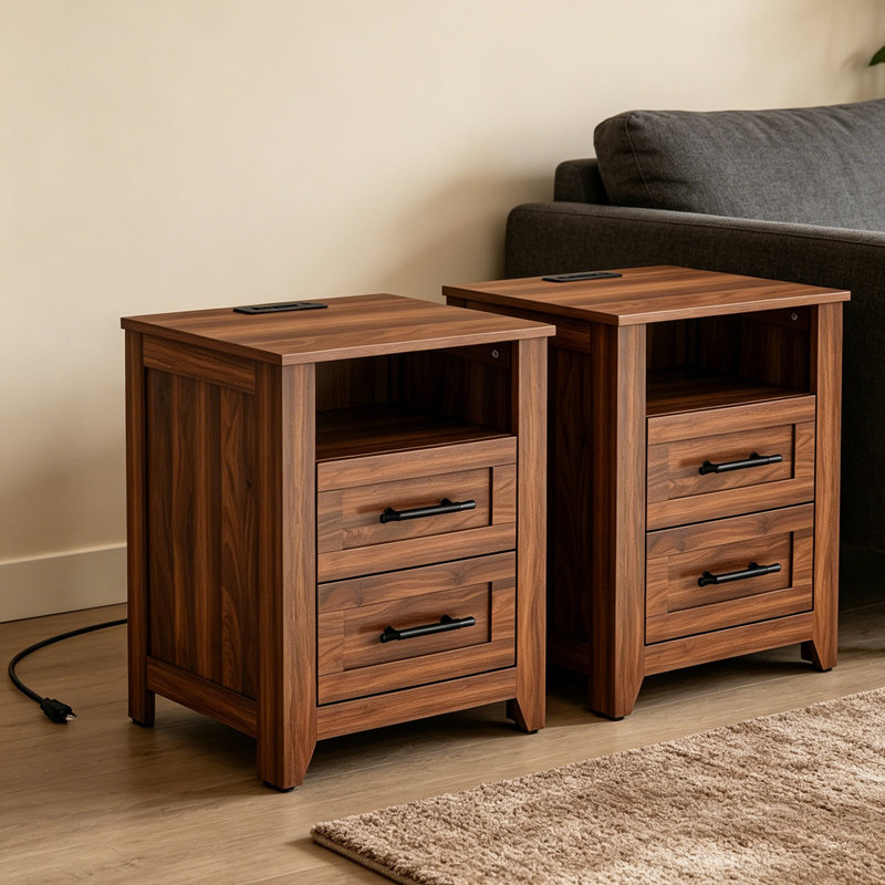 Ensemble de 2 tables de chevet avec station de charge, 2 tiroirs et tablette ouverte, tables de bout modernes avec ports USB et Type-C pour la chambre à coucher