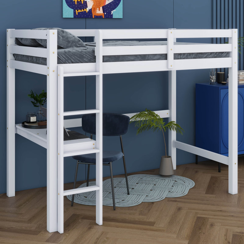 Twin Rubber Wood Loft Bed With Desk, Solid Pine Wood Frame With Ladder And Safety Guardrails, White