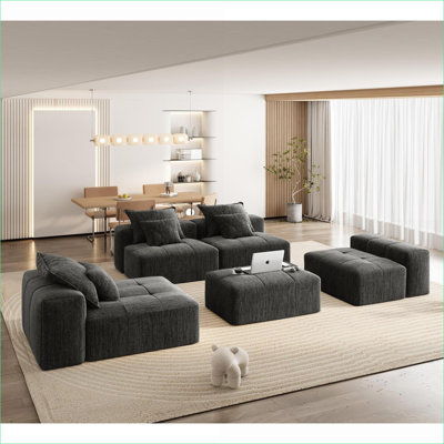Canapés modulaires | Moderne surdimensionné 6 pièces modulaire, sans assemblage, 6 coussins, pour le salon et la salle familiale | Noir | Mousse et ressort