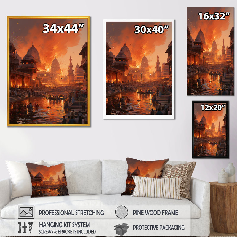 «Indian Art Orange Varanasi Ghats», art mural indien encadré, Toile tendue, H 44 po x l 34 po x P 1,5 po